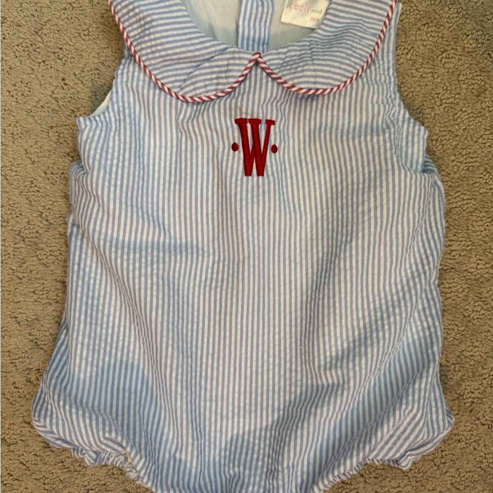 Cecil & Lou Blue and White Striped Seersucker Baby/Toddler Boy Romper